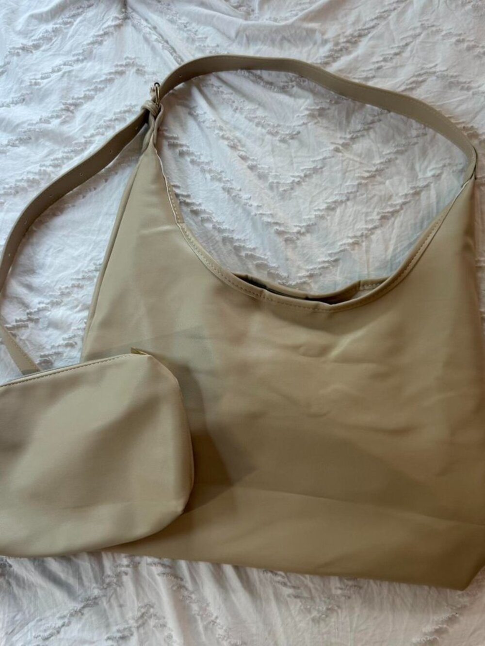 Beige Hobo Bag Set | Used Large Slouchy Shoulder Crossbody Tote & Pouch